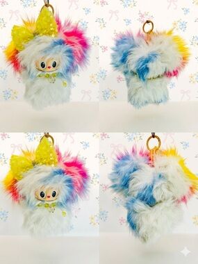 (19) Fluffy Rainbow Pom Charm with Yellow Sequin Bow